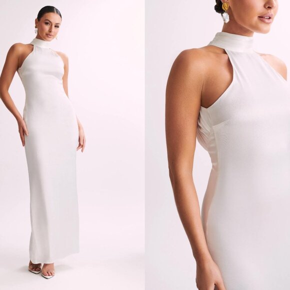 Elegant White Maxi Dress Open Back XS - Meshki Claire Satin Drape Halter Neck - Picture 7 of 11